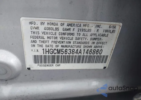 2004 Honda Accord 2.4 Lx z USA, uszkodzony, nr VIN 1HGCM56384A146860